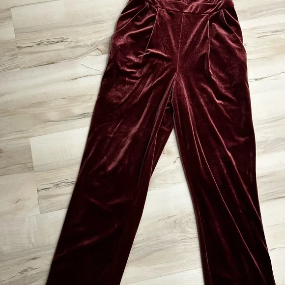 Wine Red Velvet Jumpsuit Strapless Wide Leg Formal Holiday Cocktail Outfit - Picture 9 of 11